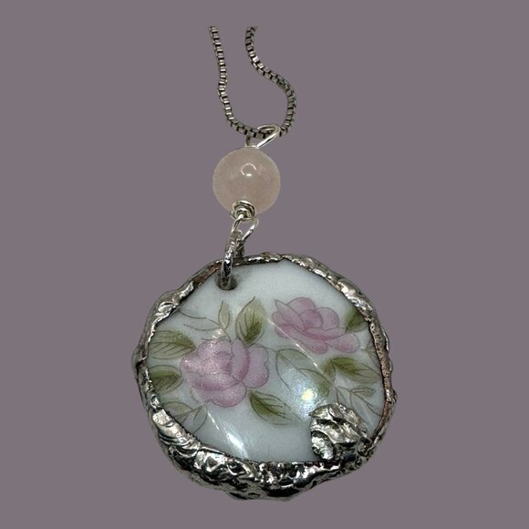 Vintage Broken Bone China Pendant W/ 925 Silver Chain & Rose Quartz Charm - Picture 4 of 15